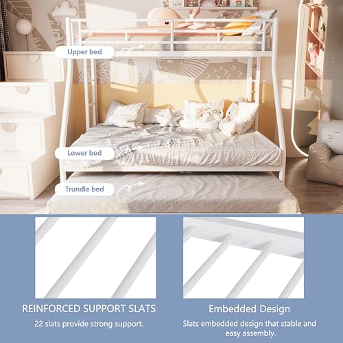 SUNLEI Metal Bunk Beds with Double Secured Ladders, Twin Over Full Bunk Bed with Surrounded Safety Guardrails, Space Saver Twin Beds, Noise Free for Small Bedroom, with Trundle, White SUNLEI