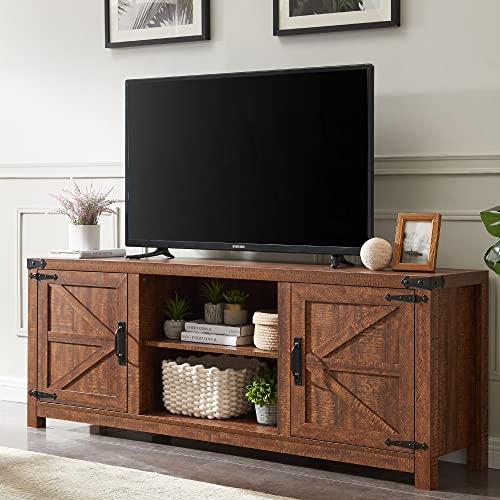 T4TREAM Farmhouse TV Stand for TVs Up to 75 inches, Wood Barn Door Media Television Console Table with Storage Cabinets, Easy Assembly Modern Entertainment Center for Living Room, Reclaimed Barnwood T4TREAM