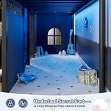 Low Loft Bed Twin Size with 7 Storage Drawers, Desk and LED Lights, Heavy Duty Metal Kids Loft Bed with 12" H Safety Guardrail, Anti-Collision Pad, Private Play Curtain, Under-Bed Play Space - Black Jocoevol