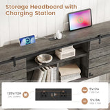 VIAGDO Wooden Bed Frame King Size with Bookcase Headboard and Sliding Barn Door, Farmhouse King Bed Frame with Charging Station, LED Lights and 4 Storage Drawers, No Box Spring Needed, Grey VIAGDO