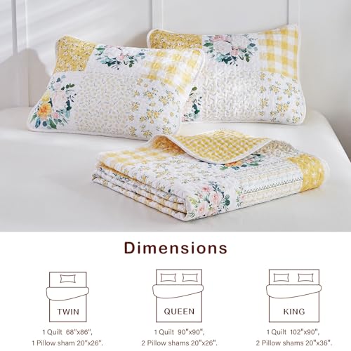 Joyreap 2 Pieces Floral Patchwork Quilt Set Twin, Yellow n White Flowers Design, Soft n Cozy Microfiber Quilt, Bedspread Bed Cover for All Season, 1 Quilt and 1 Pillow Sham- 68x86 inches Joyreap
