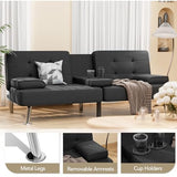 Shahoo Modern Linen Upholstered Convertible Folding Futon Sofa Bed with Removable Armrests, Metal Legs, 2 Cup Holders for Living Room, Black Shahoo