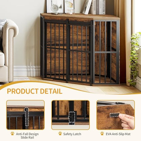 Hzuaneri Corner Dog Crate Furniture with Barn Door, Heavy Duty Dog Kennel Indoor, Wooden Decorative Pet Cage for Small Medium Dogs, Space-Saving TV Stand Anti-Chew Anti-Escape, Rustic Brown DFC88901B Hzuaneri