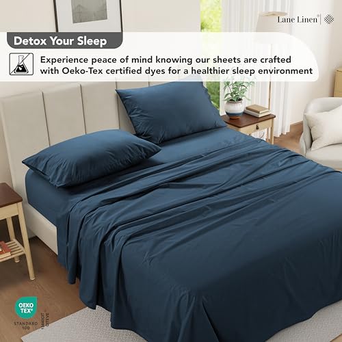 LANE LINEN 100% Cotton Twin Sheet Set – Pre-Washed Cooling Sheets in Soft Percale Weave for Restful Sleep, Fade Resistant Everyday Comfort, Fully Elasticized 15” Deep Pocket, No Pill – Estate Blue LANE LINEN