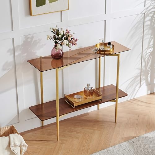 Pine Flicker Rectangle Glass Console Table, Mid-Century Modern Design, L41*W14*H32 inch, for Living Room, Amber Glass Top and Walnut Finish Wood Shelf, Conical Metal Legs with Gold Finish Pine Flicker