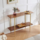 Pine Flicker Rectangle Glass Console Table, Mid-Century Modern Design, L41*W14*H32 inch, for Living Room, Amber Glass Top and Walnut Finish Wood Shelf, Conical Metal Legs with Gold Finish Pine Flicker