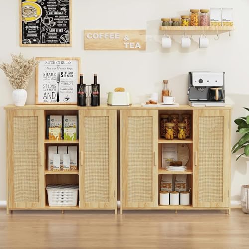 Iwell Storage Cabinet, Rattan Cabinet with 4 Adjustable Shelves, Bathroom Floor Cabinet, Sideboard Buffet Cabinet, Coffee Bar Cabinet, Accent Cabinet for Living Room, Entryway, Natural Iwell