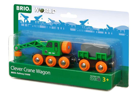 BRIO World 33698 - Clever Crane Wagon Set - 4 Piece Wooden Toy Train Accessory and Crane Toy for Kids Ages 3 and Up Red Brio