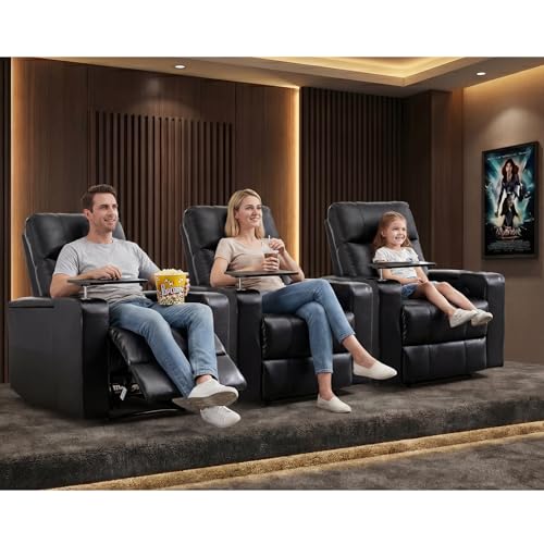 ANJ Home Theater Seating Power Recliner with Hidden Arm Storage, Sigle Faux Leather Recliners with Tray Table, Electric Movie Reclining Chairs with USB Ports & Cup Holders for Media Room, Black