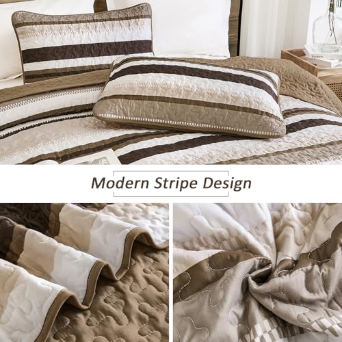 WONGS BEDDING Quilt Set Queen Size, Brown Striped Pattern Bedspread,Lightweight Summer Coverlet Bedding Set for Bed 96"x90" WONGS BEDDING