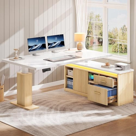 YITAHOME L Shaped Standing Desk with Power Outlets & LED Lights, 63" Electric Standing Desk Adjustable Height Sit Stand Corner Standing Desks with Drawers & Sliding Door, High-Gloss White+Natural Oak YITAHOME
