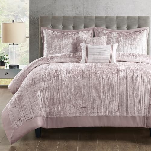 Madison Park Queen Comforter Set, Luxe Velvet, Satin Binding Comforter for a Queen-Size Bed, Cozy Velvet Comforters, All Seasons, Lightweight, Down Alternative Bedding, Full/Queen, Blush 5 Piece Madison Park