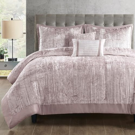Madison Park Queen Comforter Set, Luxe Velvet, Satin Binding Comforter for a Queen-Size Bed, Cozy Velvet Comforters, All Seasons, Lightweight, Down Alternative Bedding, Full/Queen, Blush 5 Piece Madison Park