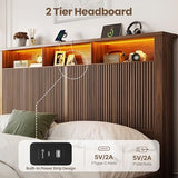 CypBed Queen Size Bed Frame with Headboard and Storage Drawers, Queen Bed Frame with LED Light and Charging Port, Farmhouse Wavy Wood Design, Wood & Metal Platform, Noise-Free, No Box Spring Needed CypBed