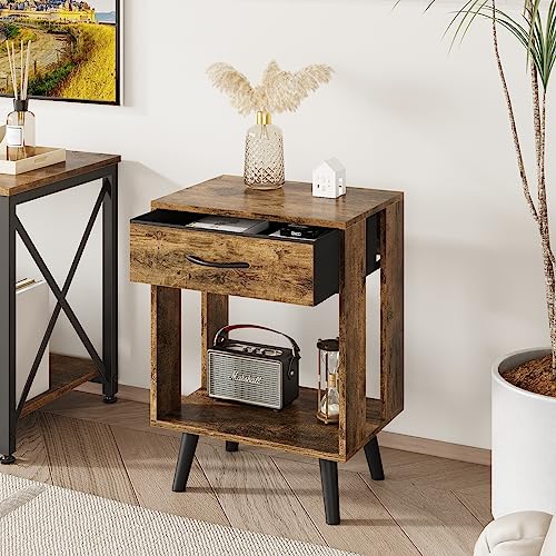 GYIIYUO Nightstand Set of 2 with Fabric Drawers and Open Shelves - Rustic Bedroom Side Tables - WoodArtSupply