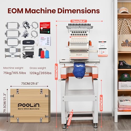 Poolin EOM 15-Needle Commercial Embroidery Machine,14.2"x9.5" Large Embroidery Area for Small Business User Friendly,for Hats,Cap & 3D Caps & Daily Orders,Auto Color Change & Trim,WiFi/USB Transfer