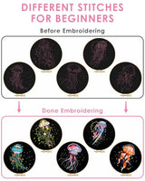 TINDTOP Embroidery Kit for Adults, 5 Sets Jellyfish Embroidery Kit for Beginners Include Embroidery Cloth Hoops Threads for Craft Lover Hand Stitch with Embroidery Skill Techniques