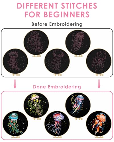 TINDTOP Embroidery Kit for Adults, 5 Sets Jellyfish Embroidery Kit for Beginners Include Embroidery Cloth Hoops Threads for Craft Lover Hand Stitch with Embroidery Skill Techniques TINDTOP