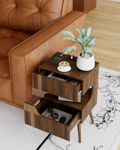 JOONEE Nightstand with Charging Station and LED Lights,Modern Bedside Table with 2 Storage Drawer,Night Stand with Solid Wood Legs,White (Walnut Brown) JOONEE