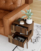 JOONEE Nightstand with Charging Station and LED Lights,Modern Bedside Table with 2 Storage Drawer,Night Stand with Solid Wood Legs,White (Walnut Brown) JOONEE