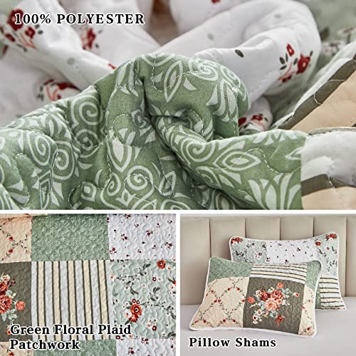 Patchwork Quilt Set Twin Size, 2 Pieces Green White Floral Plaid Design Summer Bedspread Coverlet Set, Soft Microfiber Reversible Lightweight Bed Cover for Kids (68" x 86", 1 Quilt+ 1 Pillow Sham) Flysheep
