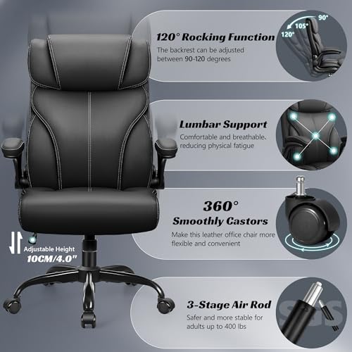 HeroSet Office Chair, Ergonomic Big and Tall Computer Desk Chairs, Executive Breathable Leather Chair with Adjustable Flip-up Armrests, Lumbar Support Swivel PC Chair with Rocking Function HeroSet