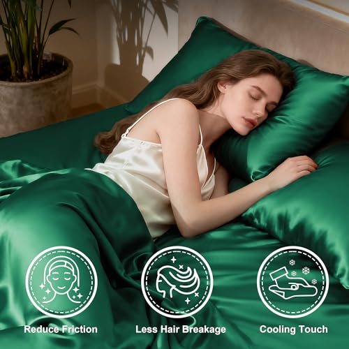Love's cabin Full Size Satin Sheet Set - 4 Piece Dark Green Silky Satin Sheet Set with Deep Pocket, Luxury Silk Feel Satin Bed Sheets Full Bedding Set (1 Flat Sheet,1 Fitted Sheet,2 Pillow Cases) Love's cabin