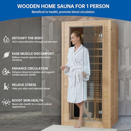 RESTISLAND Infrared Sauna Room for Home, Near Zero EMF Wooden 1 Person Indoor Home Sauna with Bluetooth, LCD Control Panel, Chromo Therapy Light RESTISLAND