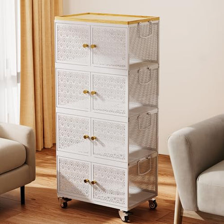 4 Tier Metal Storage Cabinet with wheels, Storage Bins with Magnetic Doors, Storage Cart for Living Room Wofufuza