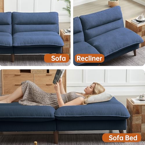 Portaforta 72" Convertible Futon Sofa Bed, Loveseat Sofa, Corduroy Folding Futon Set with Adjustable Backrest &Armrests, Recliner Lounge for Living Room, Apartment or Office, Solid Wood Frame, Blue Portaforta