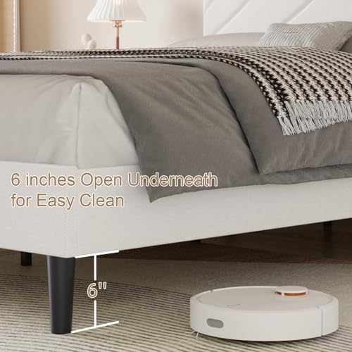 HOMBCK Twin Bed Frames,Twin Size Bed Frame with Linen Fabric Upholstered Headboard and Wooden Slats Support,Adjustable Headboard, No Box Spring Needed, Noise-Free, Easy Assembly, White HOMBCK