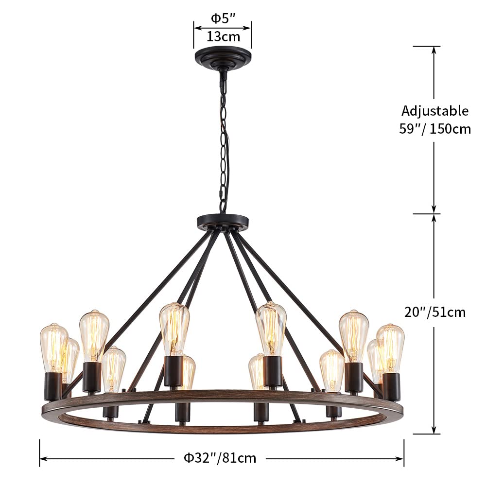 Saint Mossi 32 Inch 12-Light Wagon Wheel Chandelier, Rustic Vintage Farmhouse Pendant Lighting Fixture for Dining Room, Faux Oka Wood Texture with Black, H20 x D32