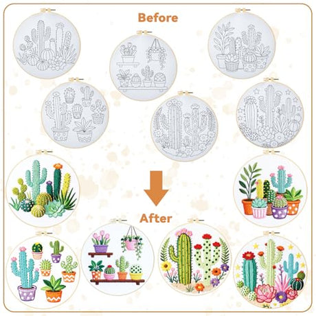 BEUNITONE Cactus Embroidery Kit for Beginners, 6PC Succulent Plant Themed Needlepoint Kits for Adults with Hoops, Threads, Needles, Instructions and Full Kits, DIY Home Decor Craft Gift for Adults BEUNITONE