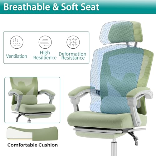 DUMOS Office Desk Chair with Footrest Ergonomic Gaming Chair for Adults Computer Mesh, Lumbar Support,Swivel Reclining with Headrest, Comfy Armrest for Home, Office, Work, Study, Light Green DUMOS