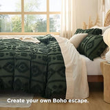 Bedsure Boho Duvet Cover Queen Size - Dark Green Tufted Boho Bedding, Farmhouse Shabby Chic Embroidery Bedding for All Seasons, 3 Pieces, 1 Soft Jacquard Queen Comforter Cover and 2 Pillow Shams Bedsure
