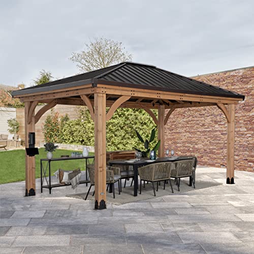 Backyard Discovery Barrington 14 ft. x 12 ft. Hip Roof Cedar Wood Gazebo Pavilion, Shade, Rain, Hard Top Steel Metal Roof, All Weather Protected, Wind Resistant up to 100 mph, Holds up to 106 - WoodArtSupply