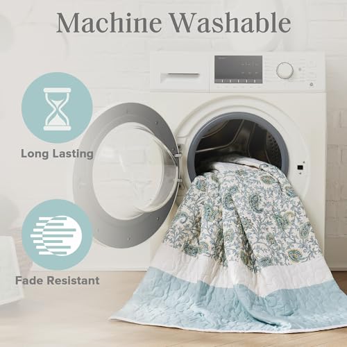 Madison Park 100% Cotton Quilt Set Floral Print, Double Sided Stitching, All Season, Lightweight Coverlet Shabby Chic Bedding Layer, Matching Shams, Full/Queen, Light Teal 6 Piece,Aqua Madison Park