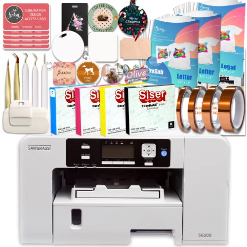 Sawgrass Easysubli SG500 Sublimation Printer Bundle with Inks, 450 Sheets of Paper, Tape, Tools, Blanks, Mega Design Pack, White, SG500-PRNT-BUNDLE-6