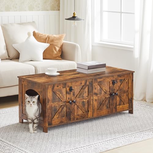 HOOBRO 47.2" Litter Box Enclosure for 2 Cats, Hidden Litter Box Furniture with Double Rooms, Wooden Cat Litter Box Enclosure, Dual Litter Box Design, Large Cat House for 2 Cats, Rustic Brown BF32MW01 HOOBRO