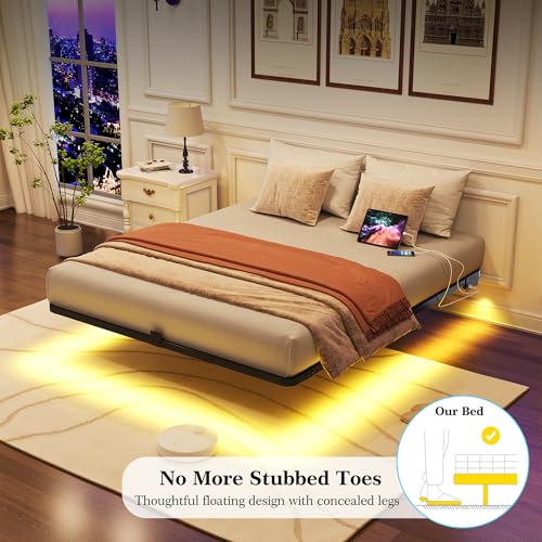 FSJianYi Queen Size Floating Bed Frame with LED Lights & Charging Station - Modern Sturdy Metal Platform Bed, Mattress Gaskets, Noise-Free, No Box Spring Needed, Quick Easy Assembly FSJianYi