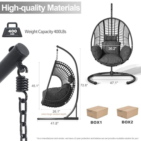 Hanging Egg Chair with Stand - Egg Swing Chair Outdoor Indoor Patio Wicker Chair Swing Hammock Egg Chairs 400lbs Capacity for Outside Patio, Bedroom, Garden and Balcony（Black, 1PC） TQKVIPI