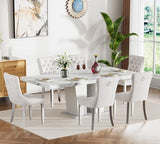 7-Piece Extendable Dining Table Set for 6-8 People 63-78 Inch Kitchen Table Set with 6 Beige Upholstered Chairs Modern White Faux Marble Rectangular Dining Room Table Set for Kitchen Apartment Goujxcy
