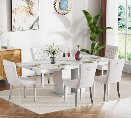 7-Piece Extendable Dining Table Set for 6-8 People 63-78 Inch Kitchen Table Set with 6 Beige Upholstered Chairs Modern White Faux Marble Rectangular Dining Room Table Set for Kitchen Apartment Goujxcy