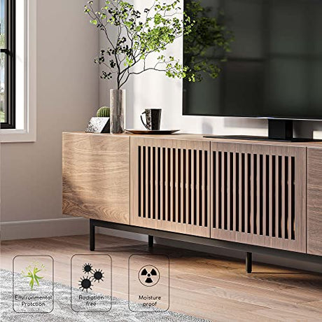 POVISON TV Stand, Solid Wood TV Cabinet for 80 85+ Inch TV, Assembly-Free 95'' Long TV Console for Living Room Bedroom, Modern Farmhouse Slatted POVISON