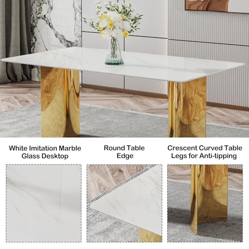 Shenyon Modern Dining Table Set for 6, White Faux Marble Glass Dining Room Set, 71” Rectangular Kitchen Table with 6 Beige Velvet Dining Chairs, Kitchen & Dining Room Set Shenyon