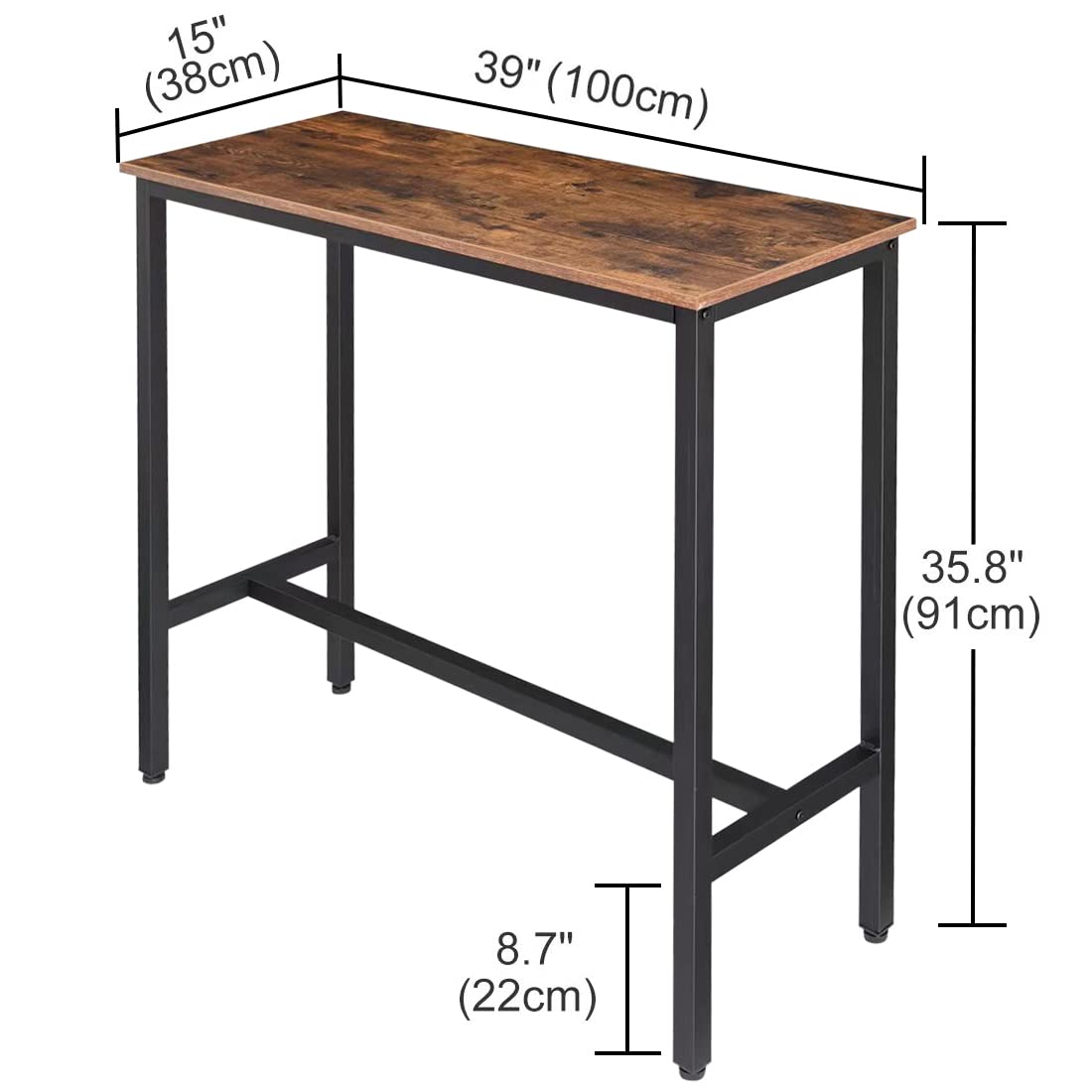 RokiaTek 39" Rustic Brown Bar Table - Versatile Narrow Pub Height Dining Table with Sturdy Metal Frame RokiaTek