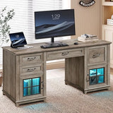 RALGEND 58" Farmhouse Executive Desk, Farmhouse Computer Desk with Drawers & File Cabinet, Wooden Home Office Desk with Power Outlet & LED Light, Workspace for Study Writing, Greige RALGEND