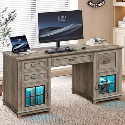 RALGEND 58" Farmhouse Executive Desk, Farmhouse Computer Desk with Drawers & File Cabinet, Wooden Home Office Desk with Power Outlet & LED Light, Workspace for Study Writing, Greige