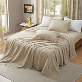 KKJIAF 4 Pieces Plaid Ruffle King Size Sheets Set, Cotton Gingham King Sheet Set Linen Feel Comfy Breathable Ruffed Plaid Bed Sheet Set with 16 Inches Deep Pocket, Taupe KKJIAF