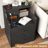 Tiptiper Black Nightstand with Charging Station 3 Drawers, Wood Sofa End Side Table with USB Ports and Outlet, Bedside Table Bedroom Nightstand with Sliding Drawer & Hutch Tiptiper